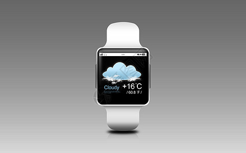 现代技术,象天气预报说明智能手表与云空气温度屏幕上的灰色背景用天气预报说明智能手表图片