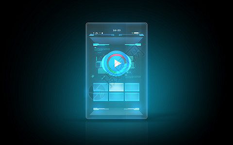 现代技术未来主义照明虚拟平板电脑数字屏幕与播放器接口按钮发光的虚拟平板电脑,屏幕上按钮图片