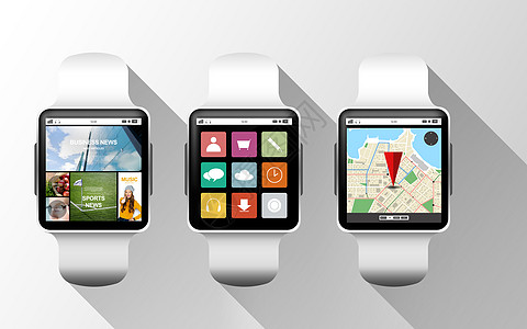 现代技术,象媒体黑色智能手表与应用屏幕上的灰色背景黑色智能手表与应用程序图片