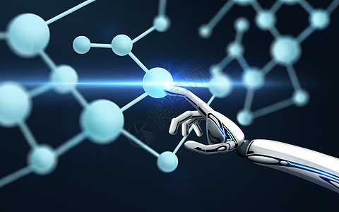 科学,未来技术进步机器人手触摸分子公式黑色背景机器人手触摸分子公式图片