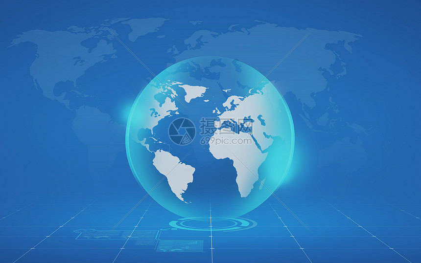 全球商业,大众媒体现代技术虚拟地球仪投影蓝色背景图片