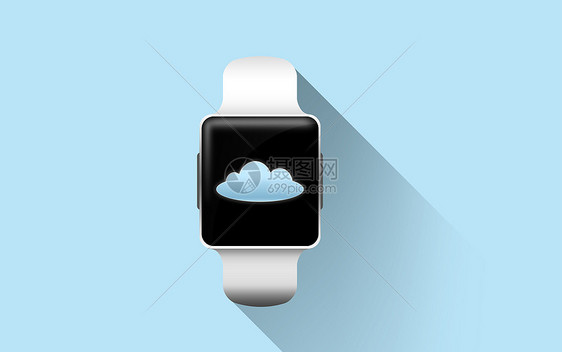 现代技术,象计算智能手表与云图标屏幕上的蓝色背景智能手表与云图标屏幕上图片