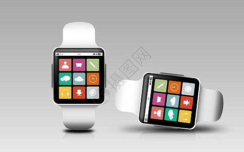 现代技术,象,响应媒体智能手表与菜单图标屏幕上的灰色背景屏幕上菜单图标的智能手表图片