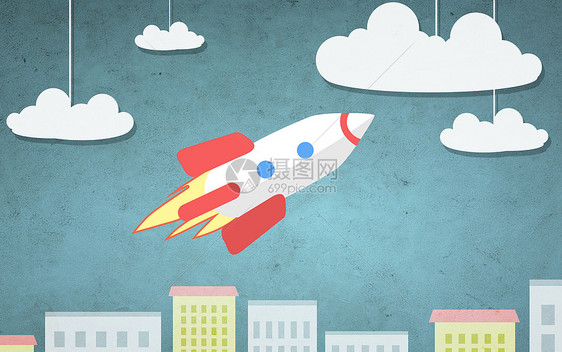 未来技术城市上空火箭飞行的卡通插图火箭城市上空飞行的卡通插图图片