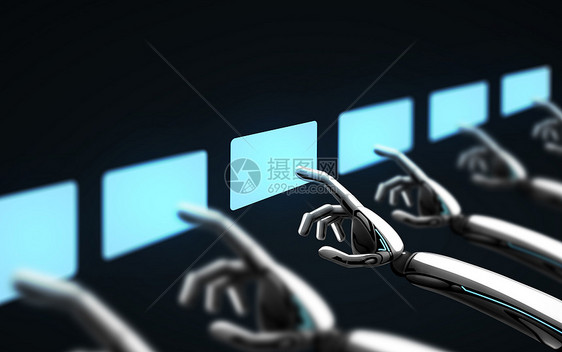 科学未来技术进步机器人手触摸黑色背景上的虚拟屏幕机器人手触摸黑色的虚拟屏幕图片