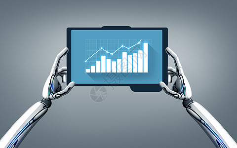 科学未来的技术机器人手平板电脑与图表屏幕上的灰色背景机器人手与图表平板电脑屏幕上图片