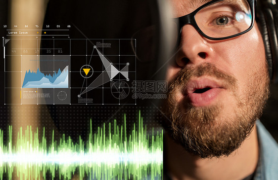 音乐,表演业务,人声音男歌手与耳机麦克风唱歌歌曲录音棚男人录音棚唱歌图片