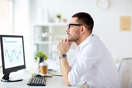 商业,人技术戴眼镜的商人坐办公室,电脑屏幕上图表思维办公室电脑上图表的商人图片