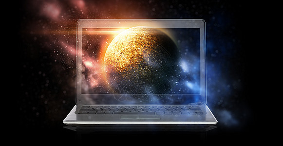 天文学未来技术笔记本电脑与虚拟行星全息图黑色背景带虚拟行星全息图的笔记本电脑背景图片