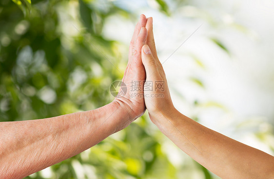 人,龄慈善亲密的老轻妇女的手触摸绿色的自然背景特写老人轻女子的手触摸图片