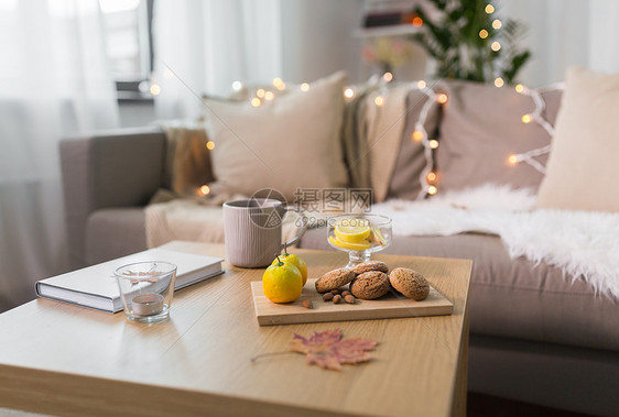 潮湿舒适的家庭燕麦饼干,书,茶柠檬木制桌子客厅燕麦饼干,茶柠檬家里的桌子上图片