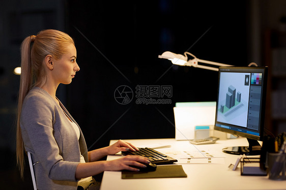 商业,截止日期技术女商人师与三维模型的编辑器计算机屏幕上工作夜间办公室平师与电脑夜间办公室图片