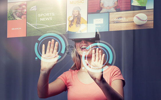 技术虚拟现实网络娱乐活动人的快乐的轻女带着虚拟现实耳机3D眼镜家看新闻投影女虚拟现实耳机3D眼镜图片