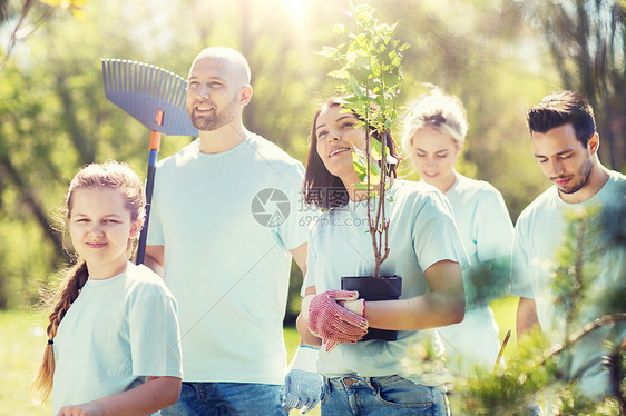 志愿服务慈善人生态理念群带着树苗耙公园散步的快乐志愿者群公园里着树耙的志愿者图片
