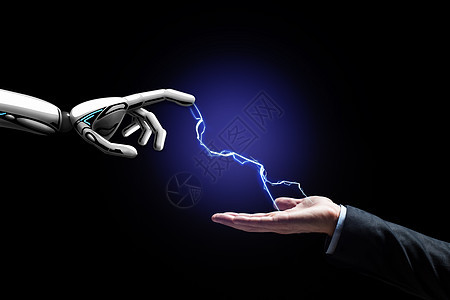 商业,未来技术人工智能机器人人的手闪电连接黑色背景上机器人人的手闪电连接机器人人的手闪电连接图片