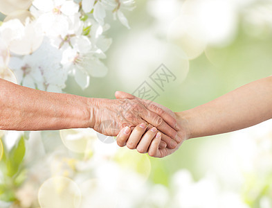 人,老代的亲密的老轻的妇女牵手自然春天樱花的背景亲密的老人轻的女人牵手亲密的老人轻的女人牵手图片