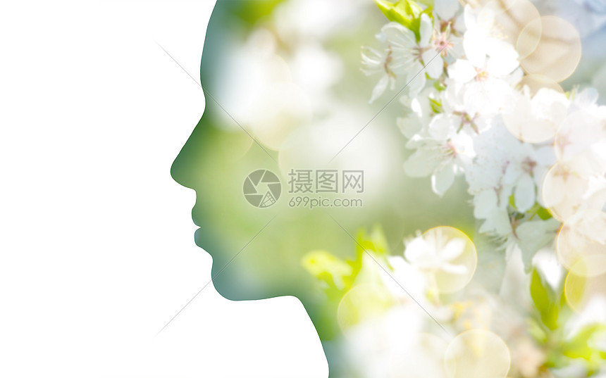 美丽,自然生态女轮廓与白色春花,双曝光效果双曝光妇女剖与树木树叶双曝光妇女剖与树木树叶图片