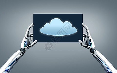 科学,未来技术计算机器人手与云图像平板电脑屏幕上的灰色背景机器人手与云图平板电脑屏幕上机器人手与云图平板电图片