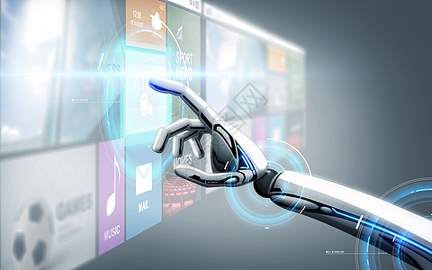 科学,未来技术进步机器人手触摸虚拟屏幕与应用蓝色背景机器人手触摸虚拟屏幕与应用程序机器人手触摸虚拟屏幕与应用程图片