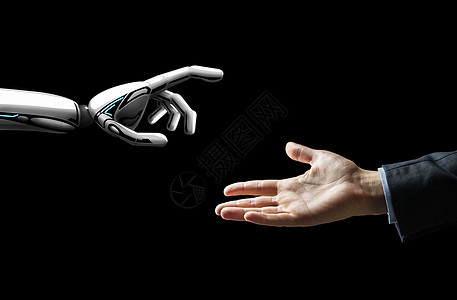 人工智能,未来技术通信机器人人类移交黑色背景机器人人类的手闪过黑色的光机器人人类的手闪过黑色的光图片