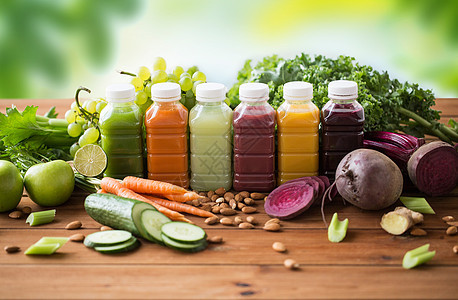 健康的饮食,饮料,饮食排塑料瓶与同的水果蔬菜汁食物木制桌子上的绿色自然背景同水果蔬菜汁的瓶子同水图片