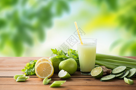 健康的饮食,食物,饮食素食的杯绿色果汁与水果蔬菜木制桌子上的绿色自然背景杯带水果蔬菜的绿色果汁杯带水背景图片