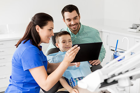医学,牙科医疗保健牙医向儿童病人他的父亲牙科诊所展示平板电脑牙医牙科诊所向孩子展示平板电脑牙医牙科诊所向背景图片