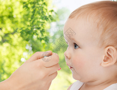 家庭,孩子,饮食父母的母亲的手与勺子喂养小婴儿绿色的自然背景妈妈用勺子喂小宝宝的手图片