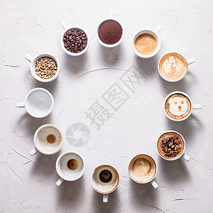 十个同阶段的白杯,准备卡布奇诺咖啡爱好者钟咖啡的爱图片