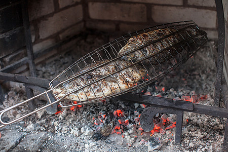 钢栅里开胃的鱼,烤架上油炸烧烤上煮鱼图片