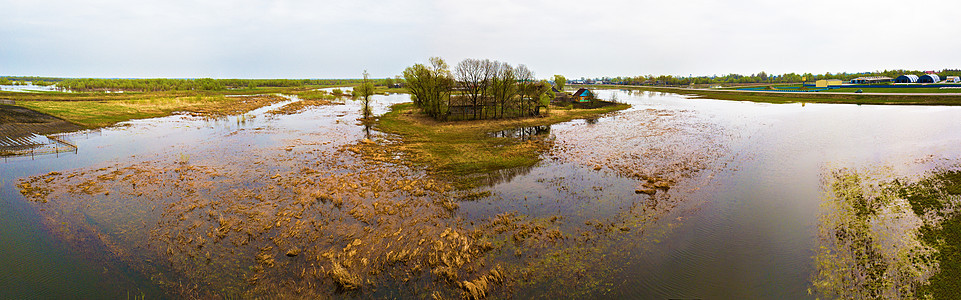 春季融化的河流洪水空中全景春天溢出水无人机喷射视图溢出景观春季融化的河流洪水空中全景sp处溢出水图片