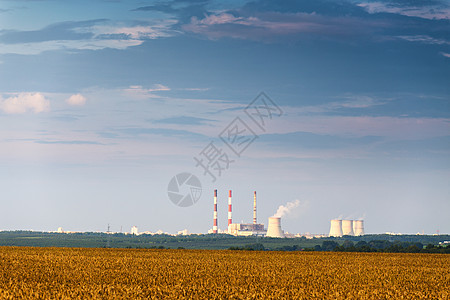 金色麦田核电站全景日落时的发电站图片