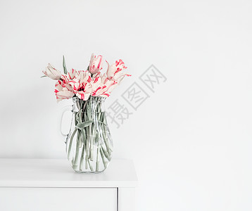 墙上白色桌子上璃花瓶里漂亮的郁金香室内中的花舒适的家春天图片