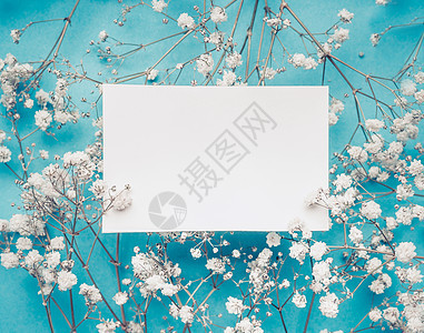 空白白色贺卡上的小白花绿松石蓝色背景,顶部视图,模拟图片