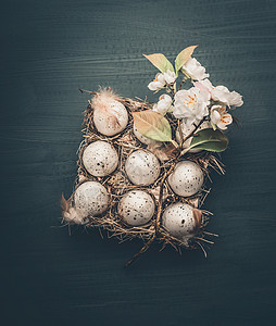 鸡蛋纸箱与装饰春花深灰色背景,顶部视图复活节图片