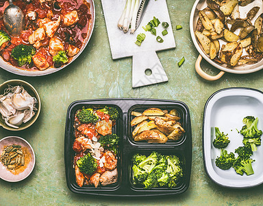 健康平衡的午餐盒准备与鸡肉片西红柿酱与绿色西兰花烤土豆,顶部的视图图片