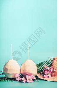 暑假背景椰子饮料,草帽,太阳镜棕榈叶奇葩,正景色热带海滩度假的图片