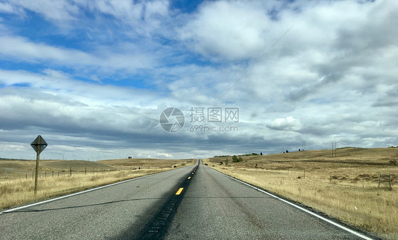 美国蒙大州北部的农村公路蒙大州北部的农村公路,背景中奶牛横穿马路图片