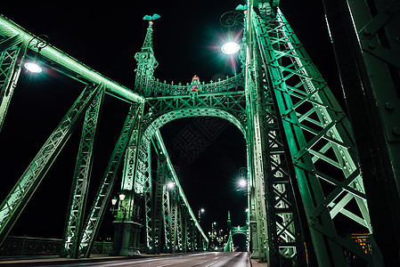 旧铁桥夜间路灯的灯光下穿过多瑙河布达佩斯匈牙利背景图片