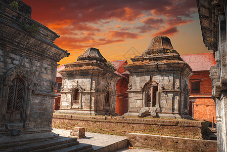 自由行走的猴子尼泊尔加德满都的帕舒帕蒂纳特寺庙里,排排的寺庙神殿图片