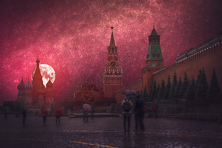 克里姆林宫莫斯科中心的个堡垒夜晚,月亮星星照耀着克里姆林宫图片
