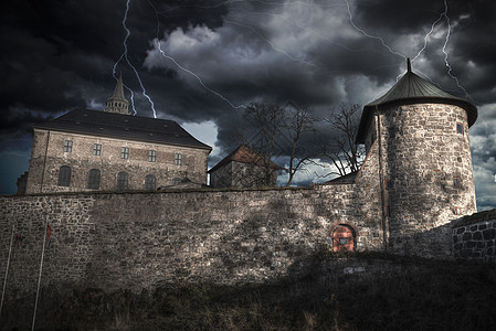 雷雨闪电阿克什的堡垒奥斯陆的座城堡,挪威的首都雷雨闪电图片