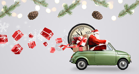 诞节倒计时来诞老人汽车上送新礼物时钟灰色背景汽车上的诞老人倒计时图片