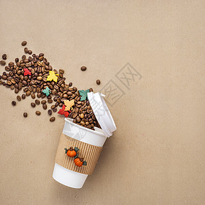 创意感恩节照片带走咖啡杯棕色背景图片