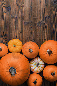 许多橙色南瓜木制背景与,秋收,万节感恩节的木制背景上的南瓜图片