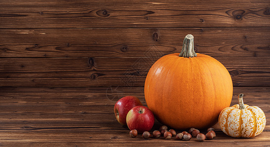 秋收生活与南瓜,苹果榛子木制的背景木桌上的秋收图片