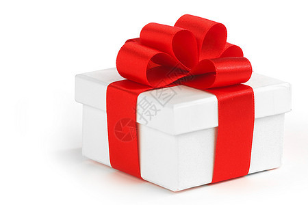 个白色礼品盒,红结隔离白色背景上图片
