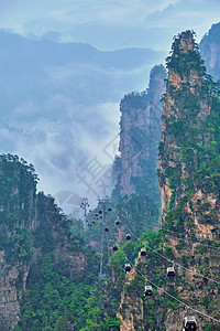 中国著名的旅游景点张家界石柱崖山雾云中,缆车湖南武陵源,中国带着相机锅张家界山脉,中国图片