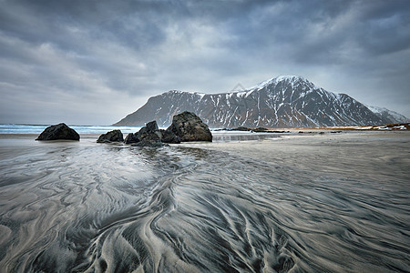 挪威海峡湾的岩石海岸,冬天雪斯卡桑登海滩,洛芬岛,挪威挪威峡湾的岩石海岸图片