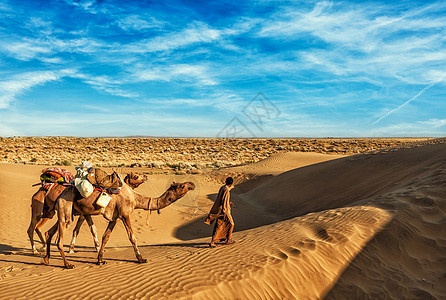 拉贾斯坦邦旅行背景印度科莱尔骆驼司机与骆驼塔尔沙漠沙丘贾萨尔默,拉贾斯坦邦,印度骆驼司机骆驼塔尔沙漠的沙丘上图片